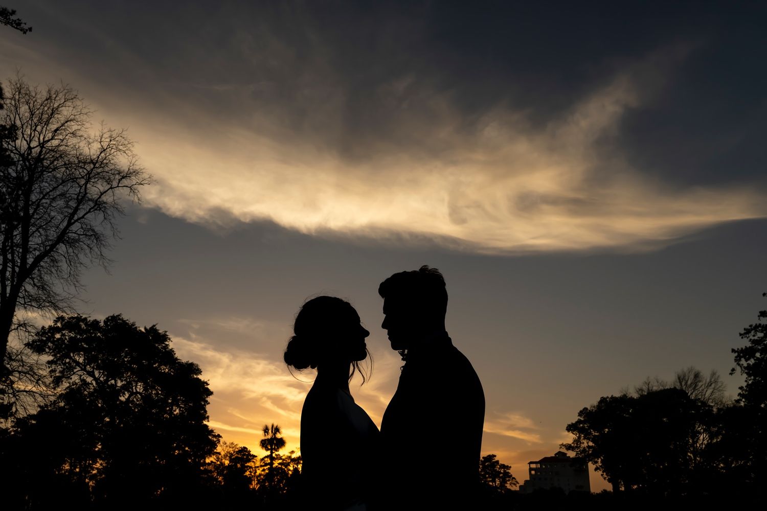 A silhouetted couple standing close together against a dramatic sunset sky with dark clouds and trees in the background.