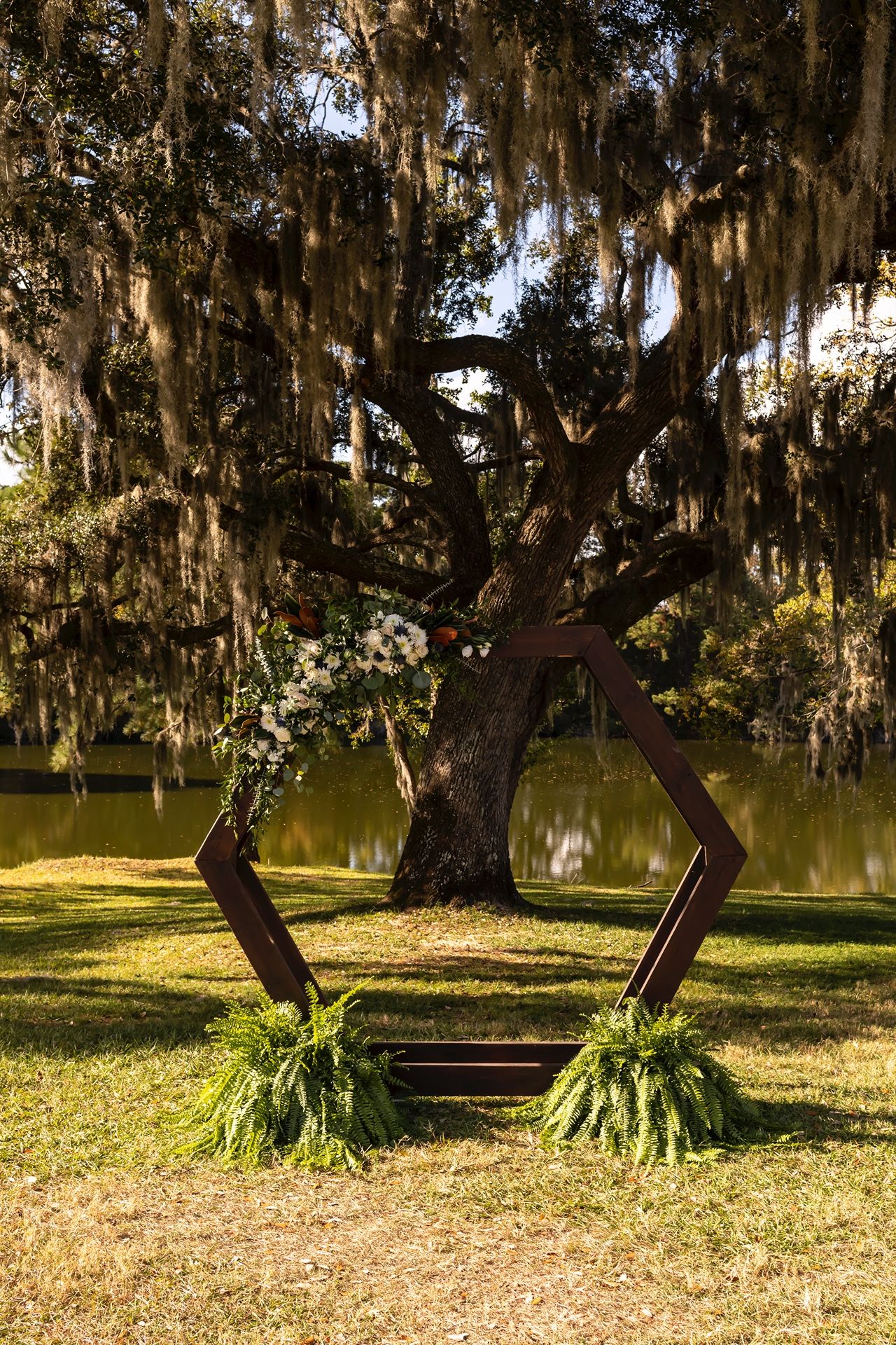 A wooden hexagonal wedding arch decorated with ferns stands by a lake under a Spanish moss draped oak tree.