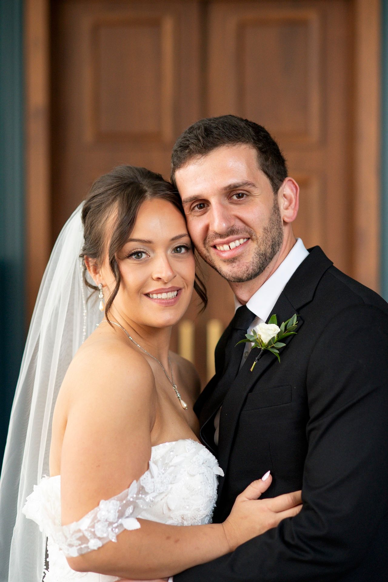 A series of romantic wedding photos showing the bride and groom in formal attire embracing and smiling together.