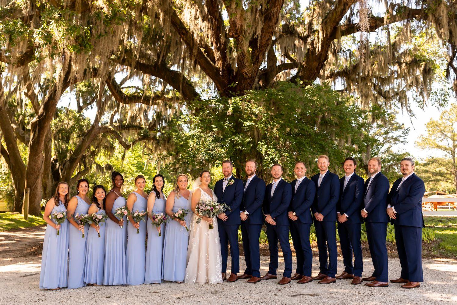 A wedding party poses outdoors under Spanish moss draped oak trees with bridesmaids in lavender and groomsmen in navy suits.