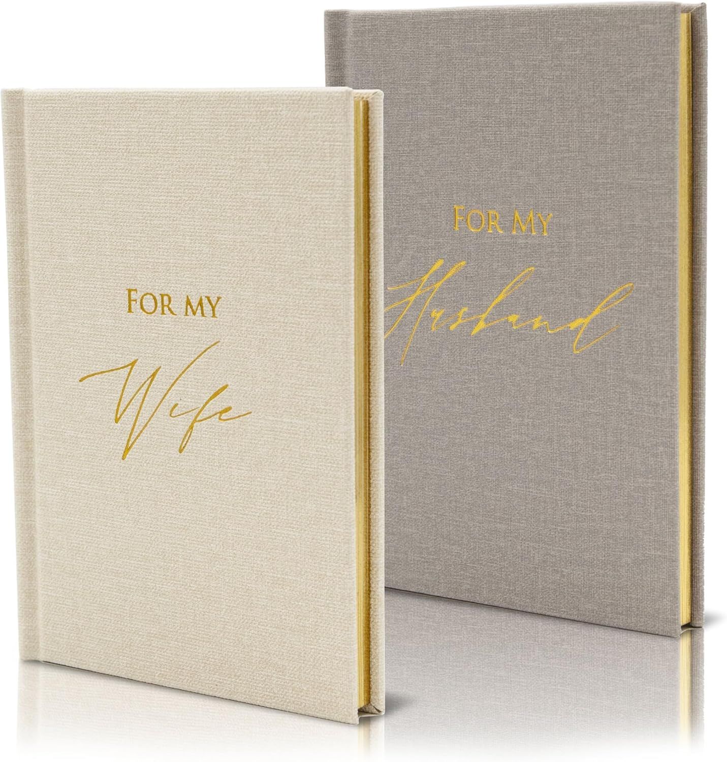 Two linen-bound books with gold text reading 'For My Wife' and 'For My Husband' in elegant script typography.