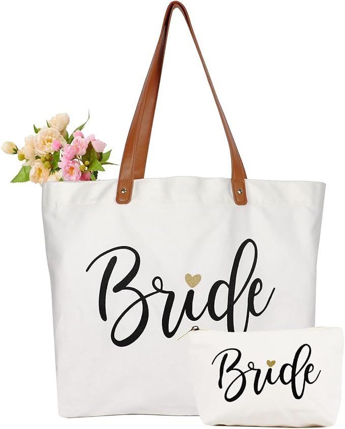 White canvas tote bags featuring elegant script text with wedding-themed words and leather handles arranged in a row.