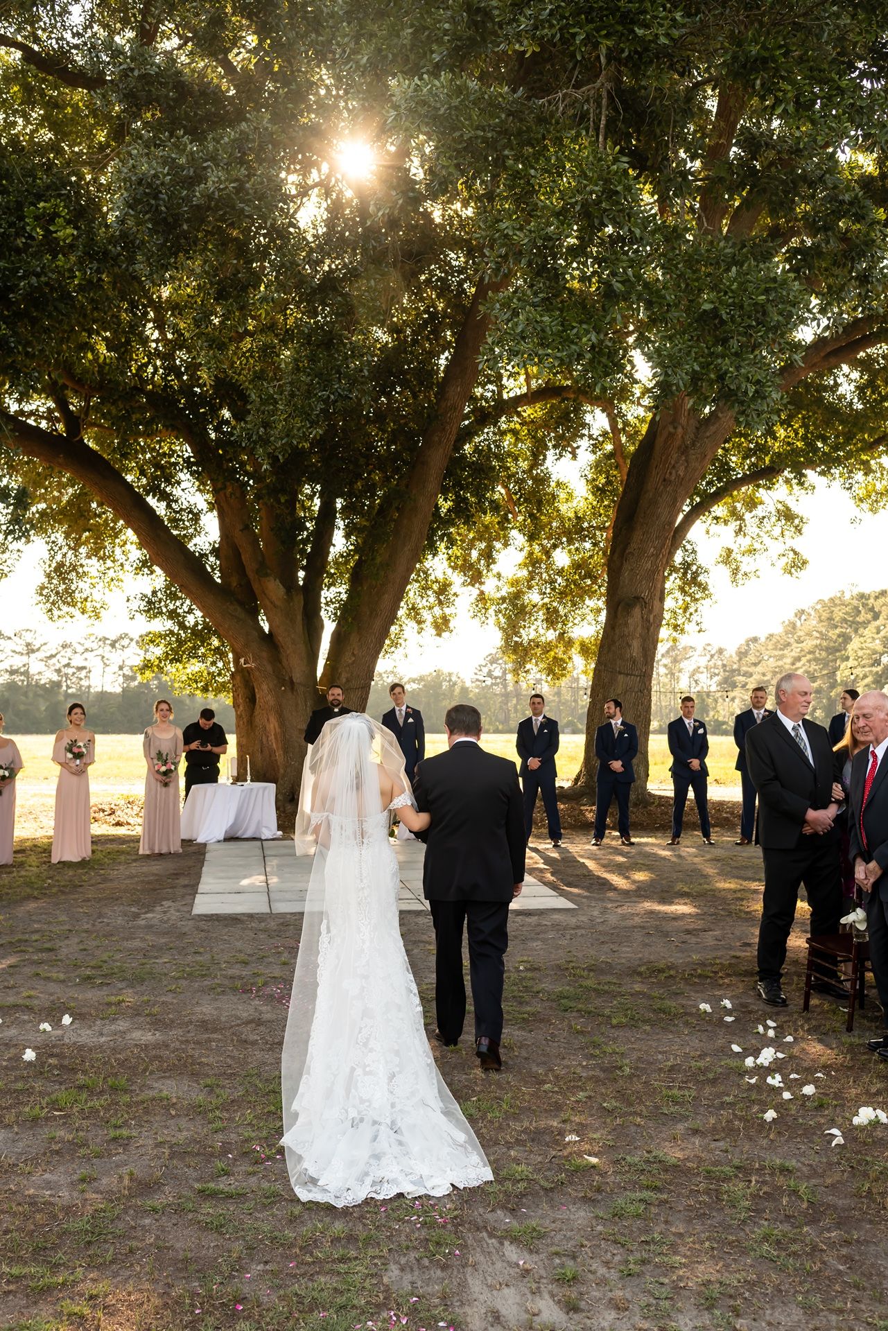 An outdoor wedding ceremony taking place under large oak trees with sunlight streaming through the branches.