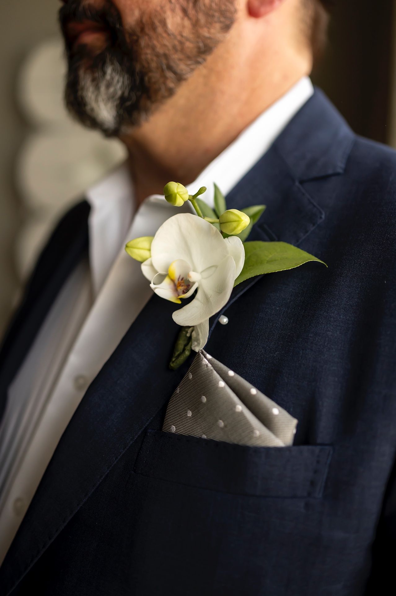 A close-up view of a white orchid boutonniere with buds pinned to a navy blue suit jacket with polka dot pocket square.