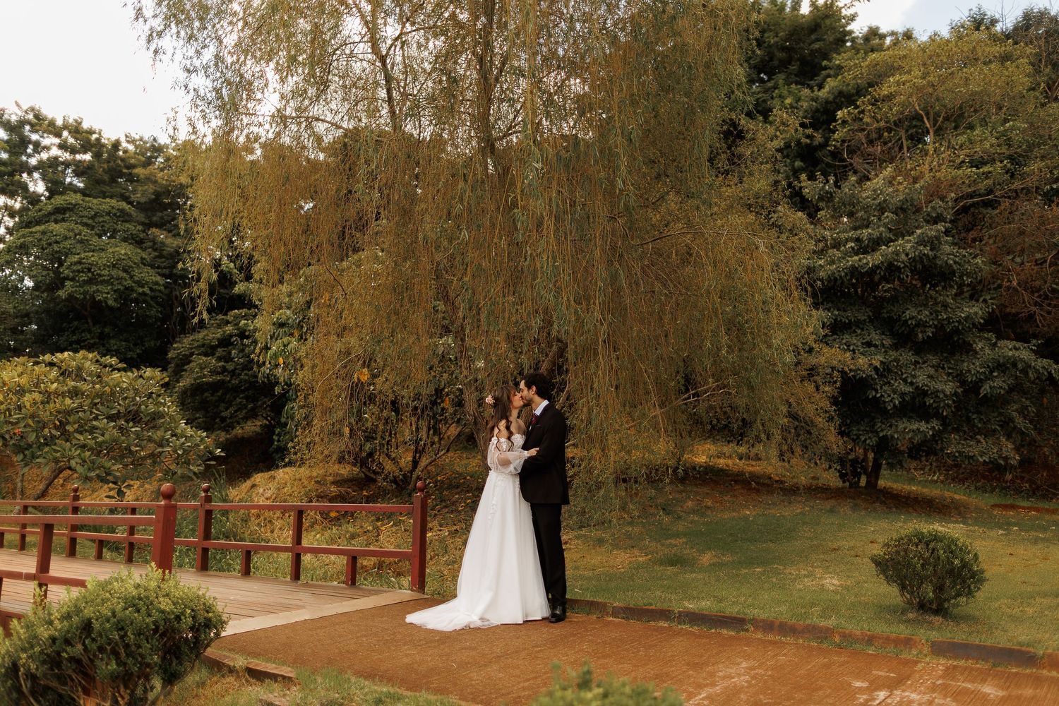 Romantic autumn wedding photos with couple walking through trees.