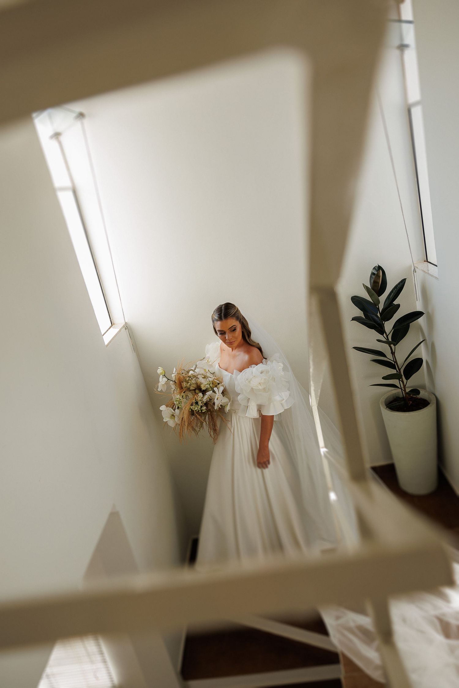 Minimalist wedding photography setup in a bright room with natural window light and potted plants.
