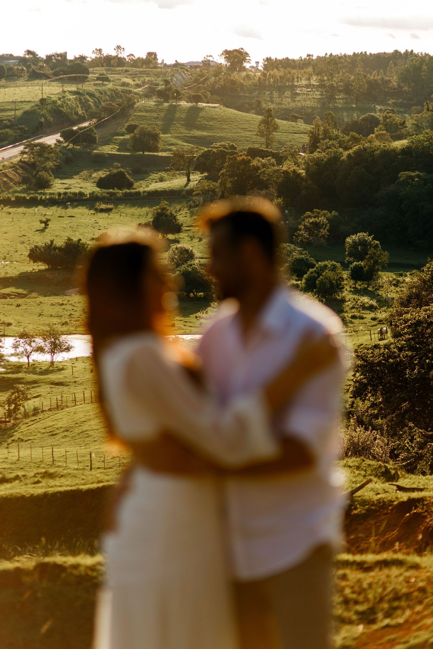 A romantic sunset photoshoot in a rolling countryside landscape with golden light filtering through the trees.