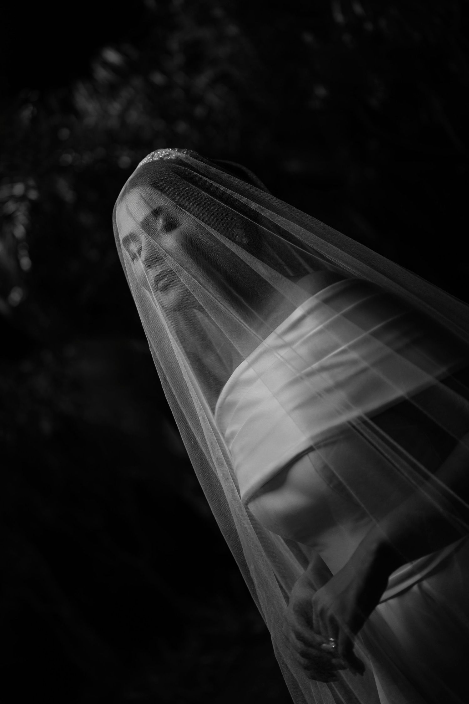 Dramatic black and white portrait of a bride wearing a flowing veil.