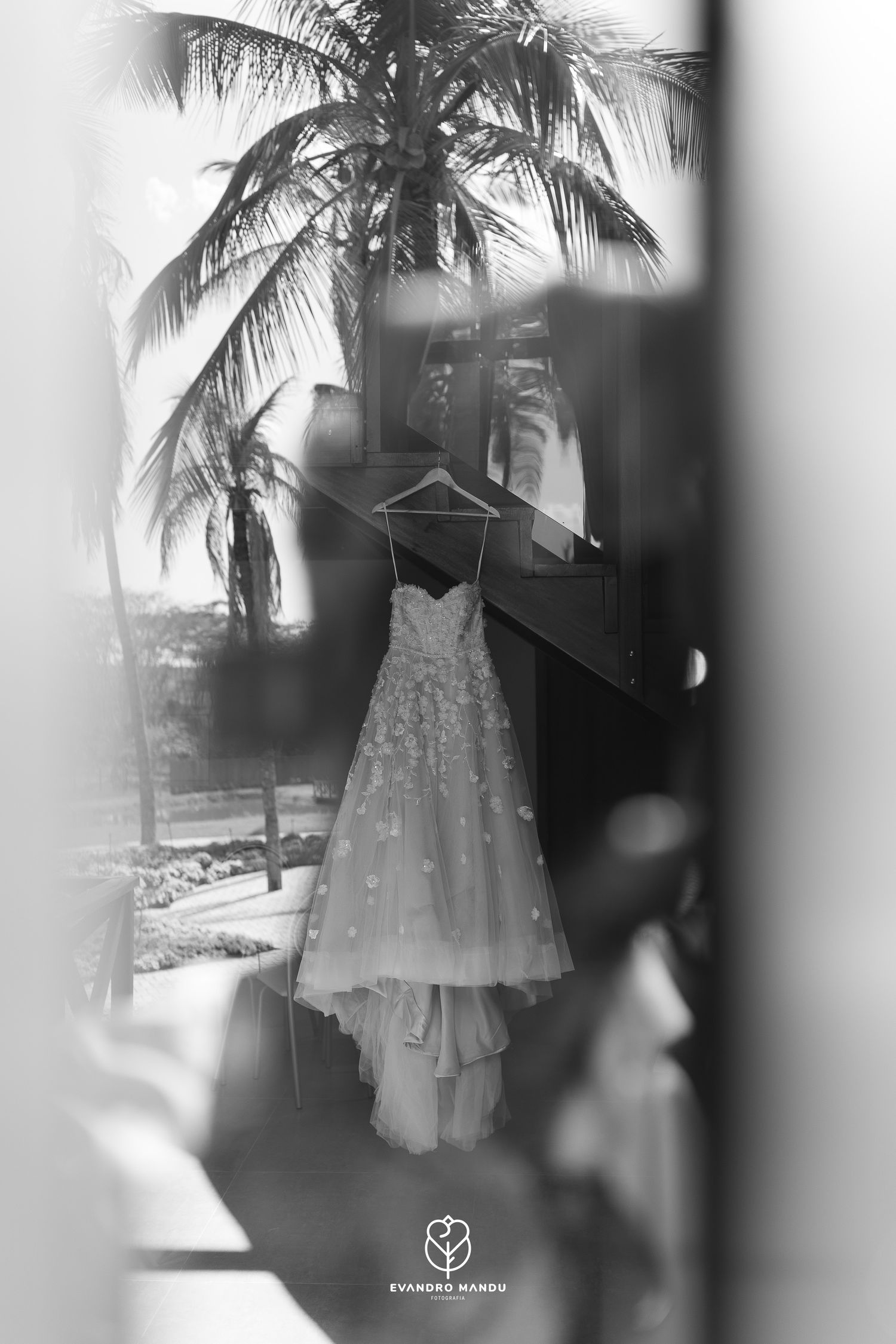 A white lace wedding dress hangs elegantly against a palm tree backdrop in black and white photography.