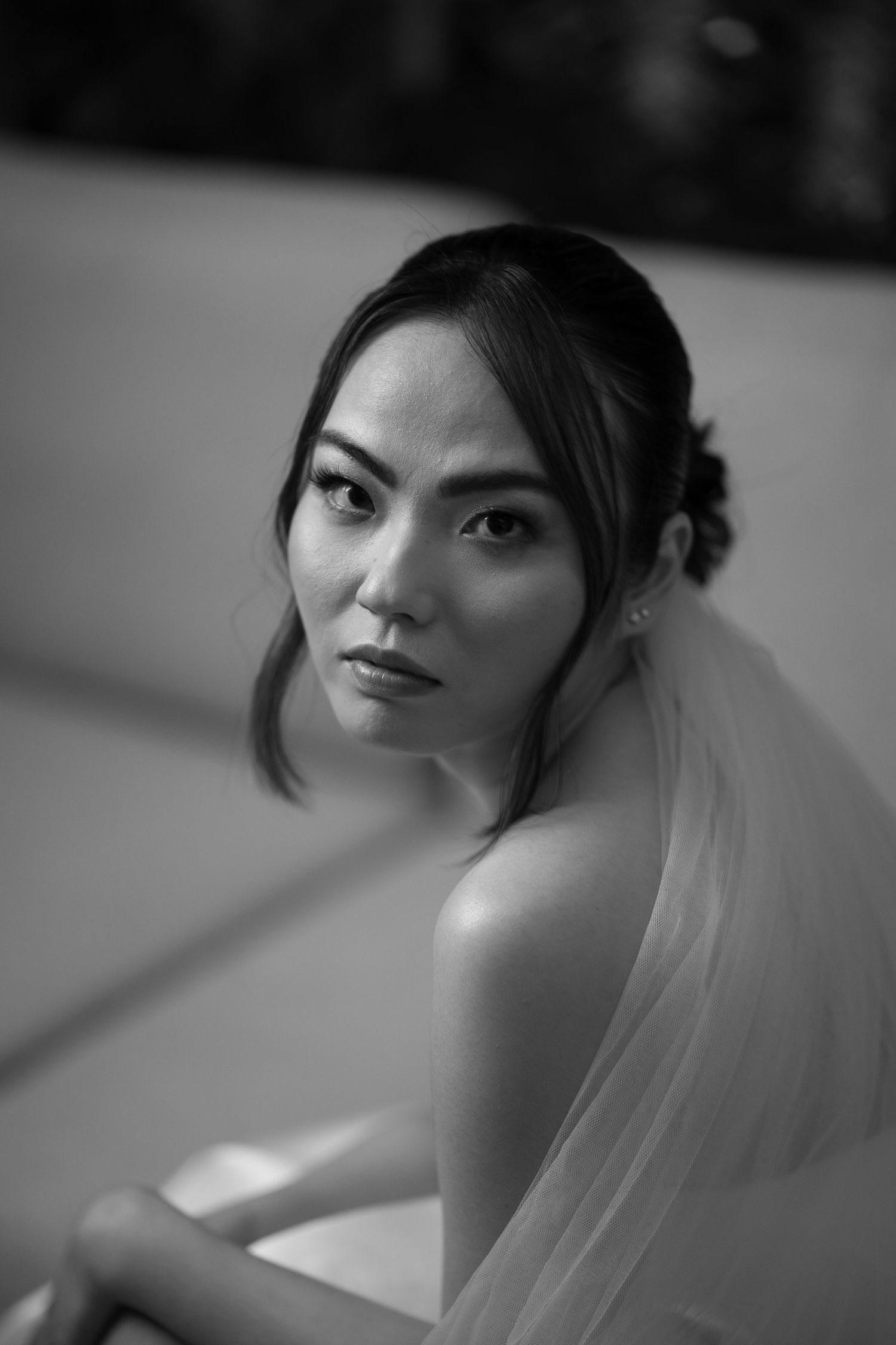 Dramatic black and white bridal portrait with soft lighting and flowing veil.