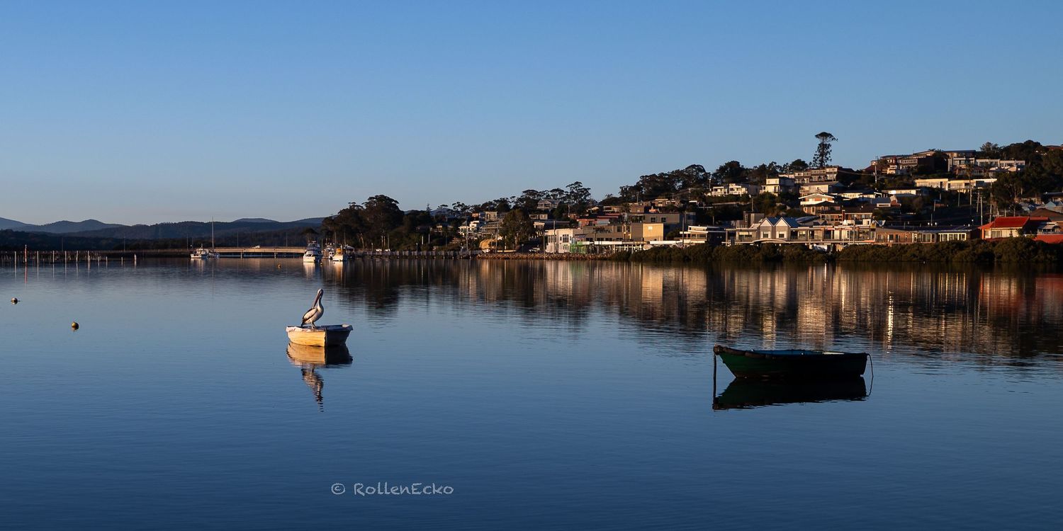 Marumba Lake, Sapphire Coast NSW — glassy reflections at dawn, soft mist and eucalyptus shoreline. Fine art landscape photography Australia!