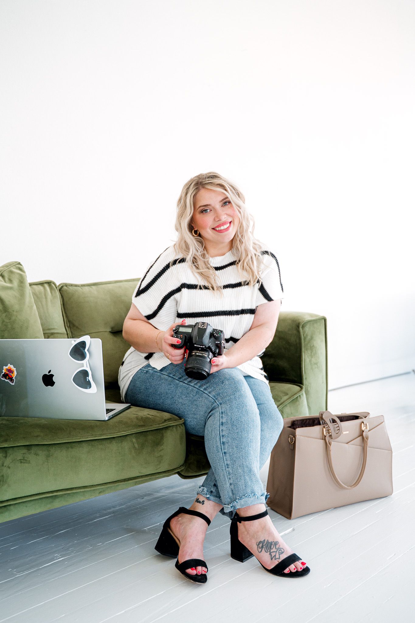 A series of lifestyle photos showing someone in casual attire sitting on a green couch with a laptop and handbag nearby.