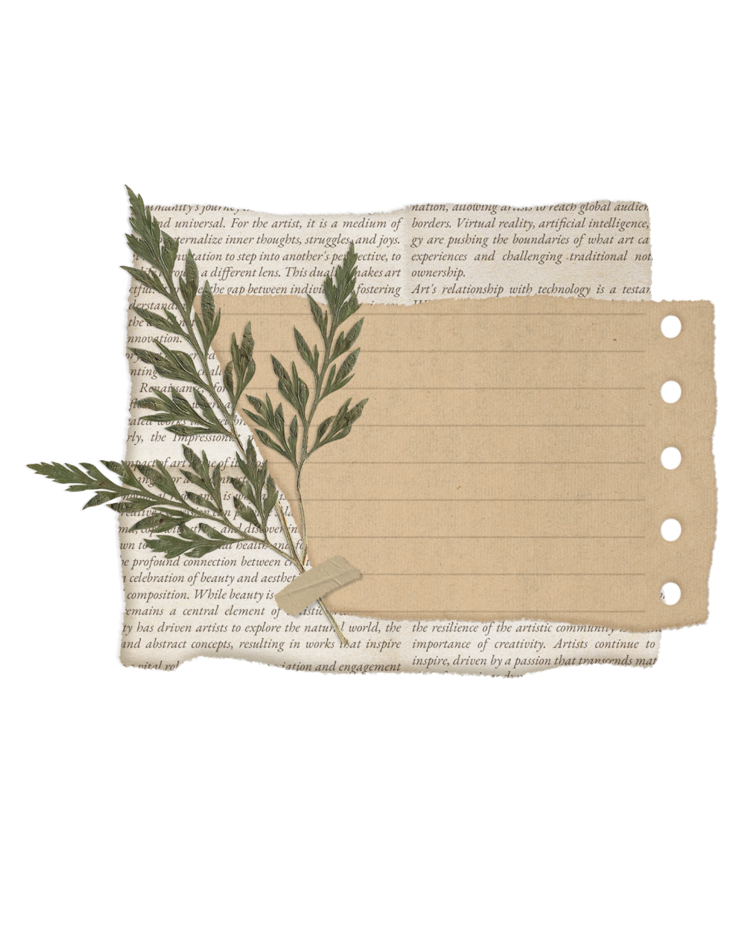 Vintage paper collage with pressed fern leaves and lined notepad paper against text background.