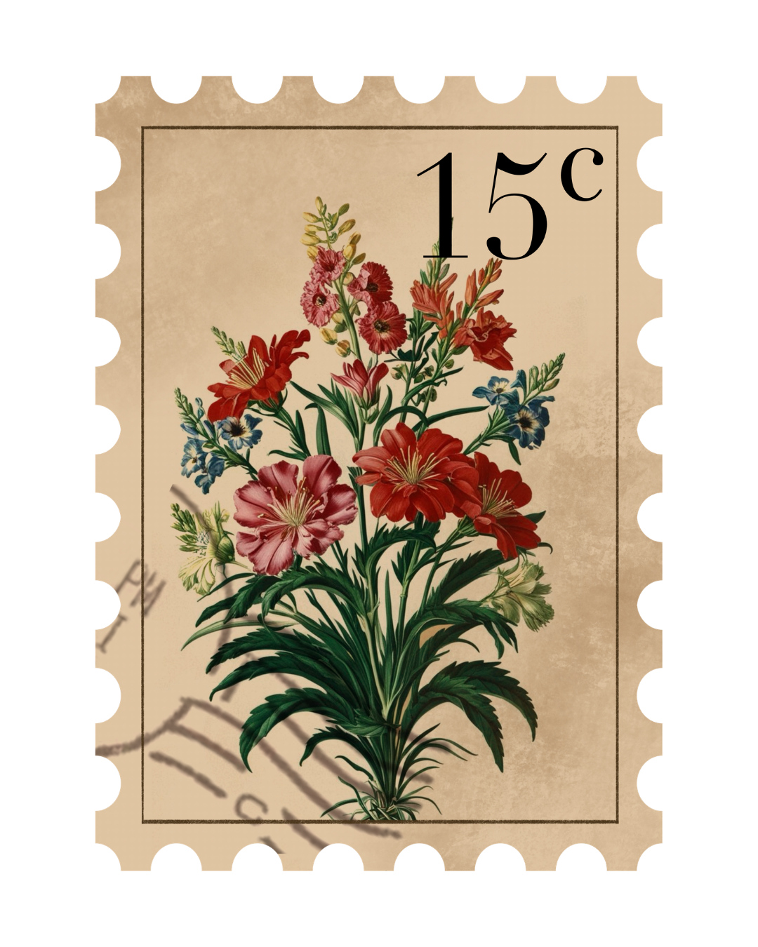 Vintage postage stamp design featuring red and pink carnation flowers with green stems against a beige background.