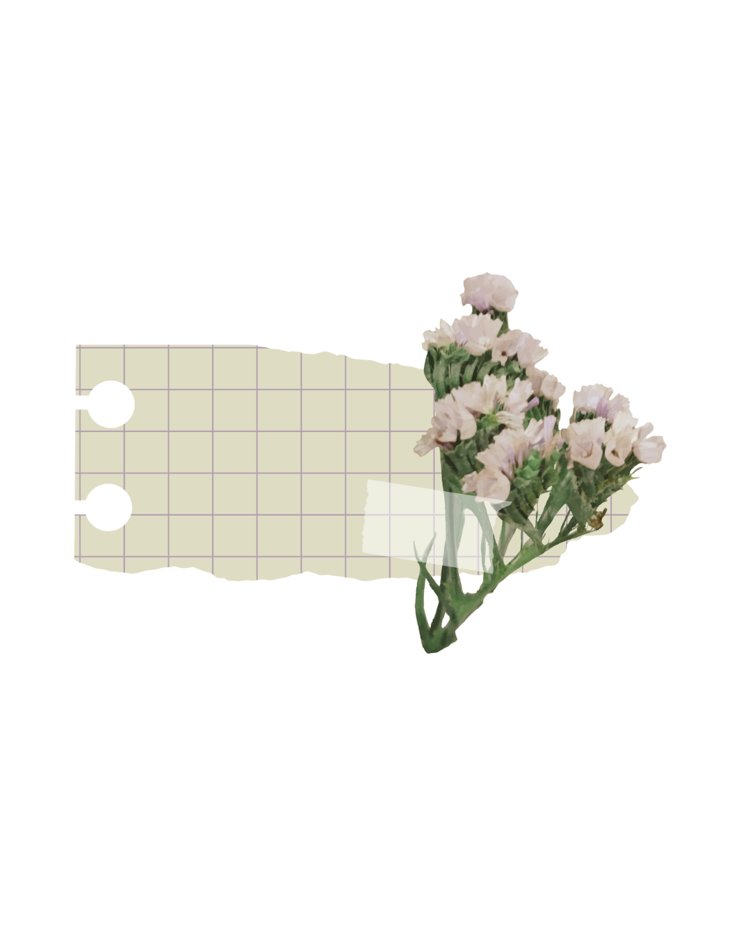 A small paper tag with grid lines paired with delicate pink statice flowers against a white background.