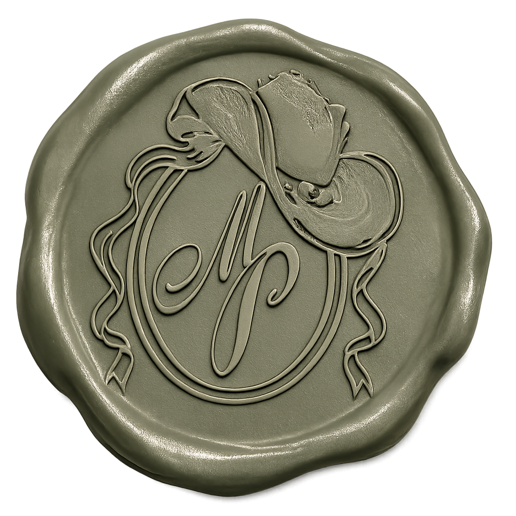 Four gray wax seals with decorative swirled designs arranged in a horizontal row.