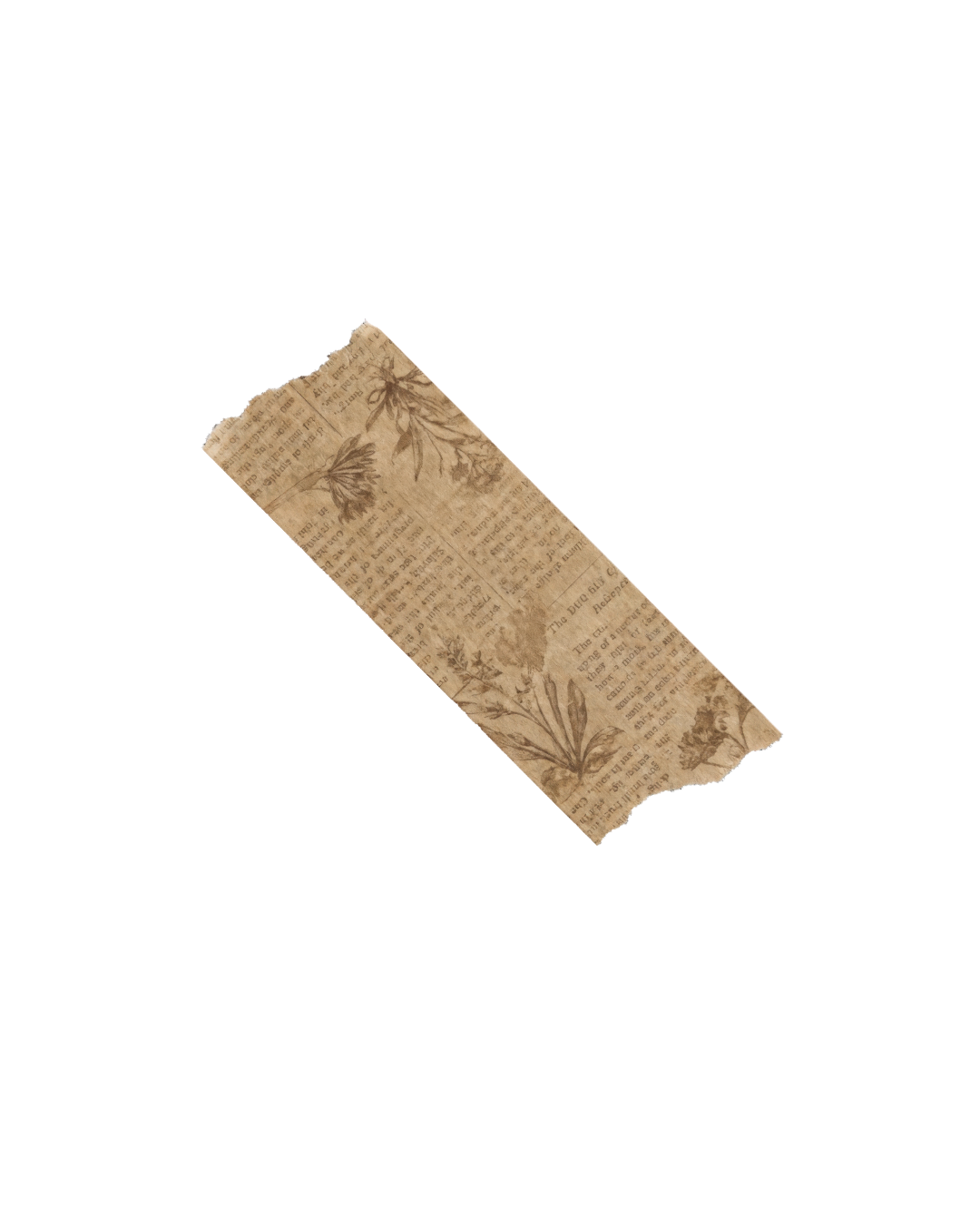 Torn fragments of aged brown paper with text and decorative elements scattered on a white background.
