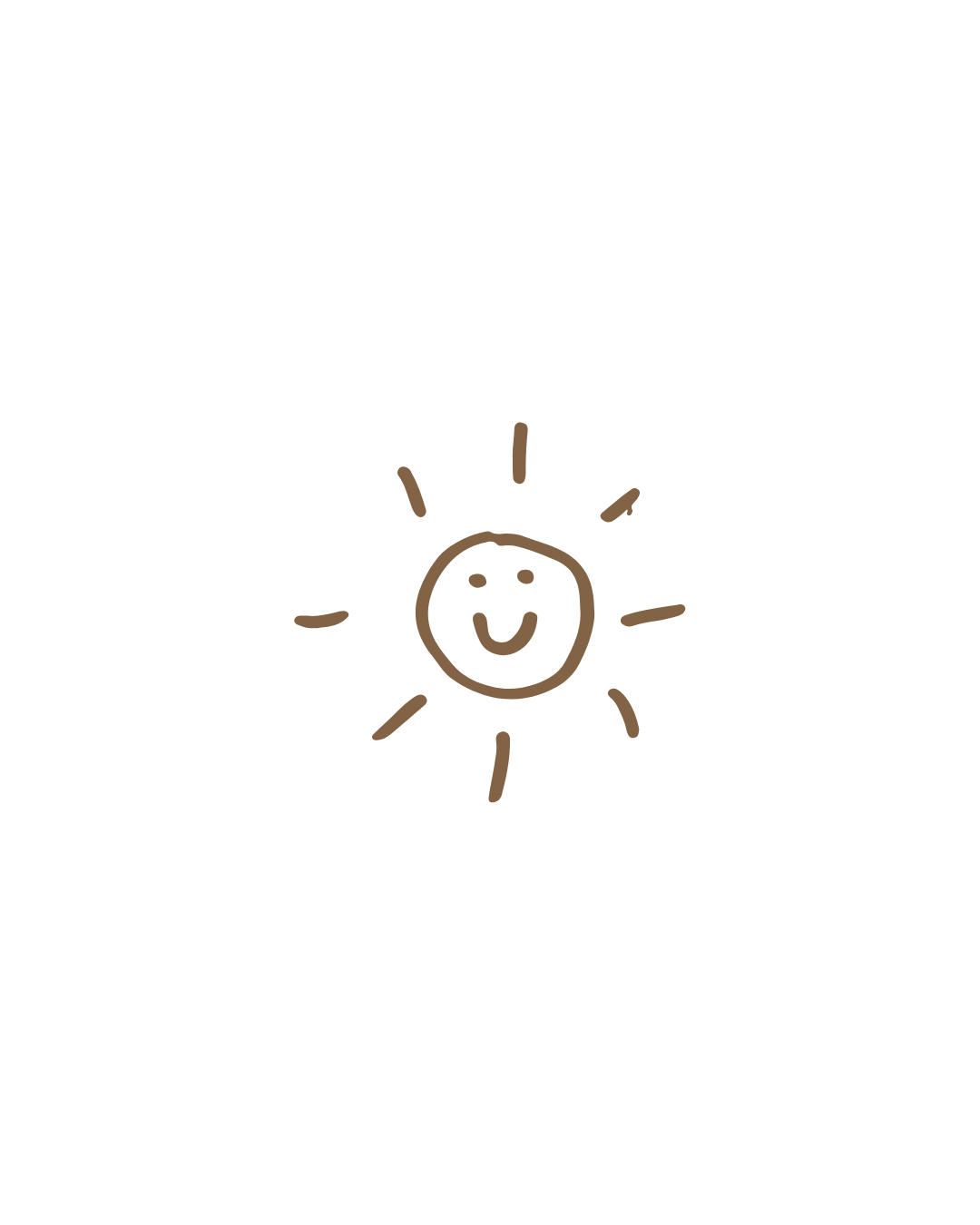 A simple hand-drawn smiley face doodle with a sun-like shape in brown ink on white paper.
