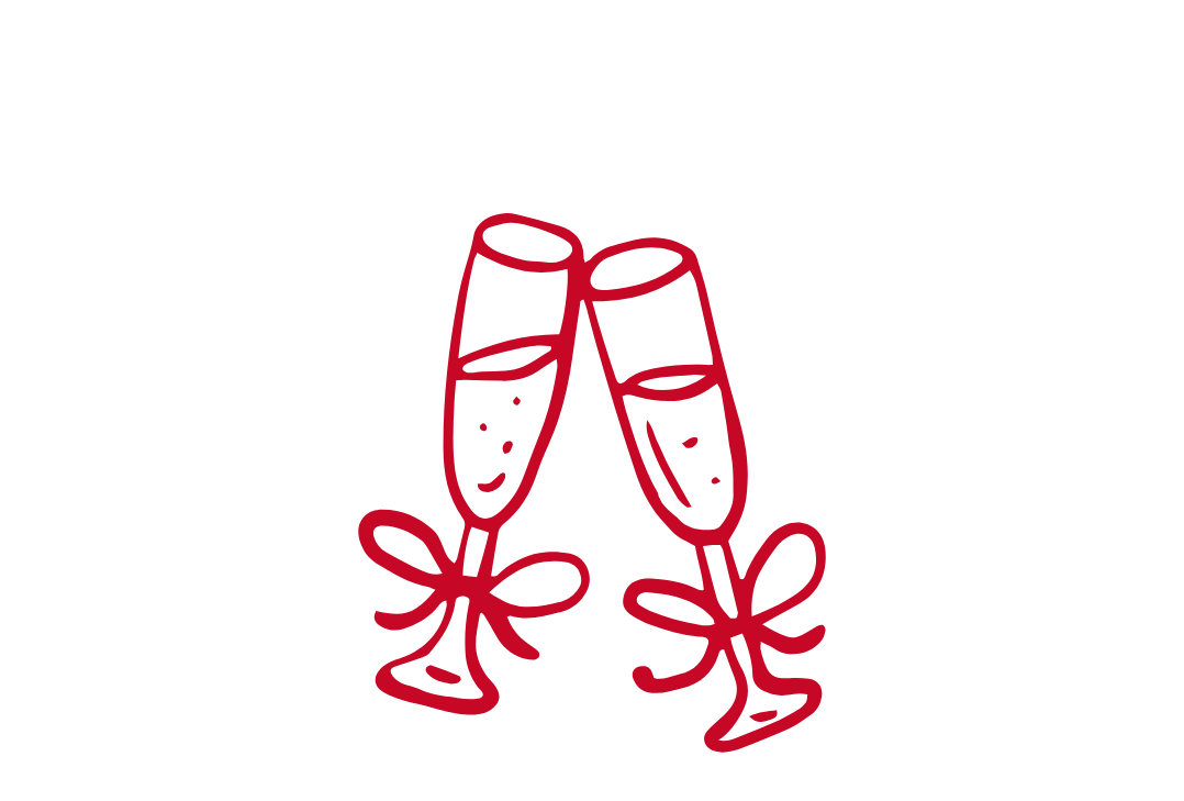 Two red outline champagne flute glasses with bows, clinking in a celebratory toast illustration.