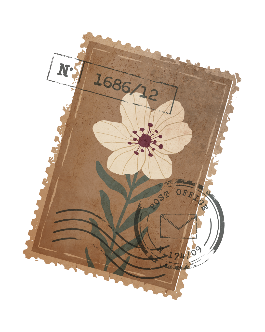Vintage postage stamp design featuring a delicate white flower with dark center on brown paper background.