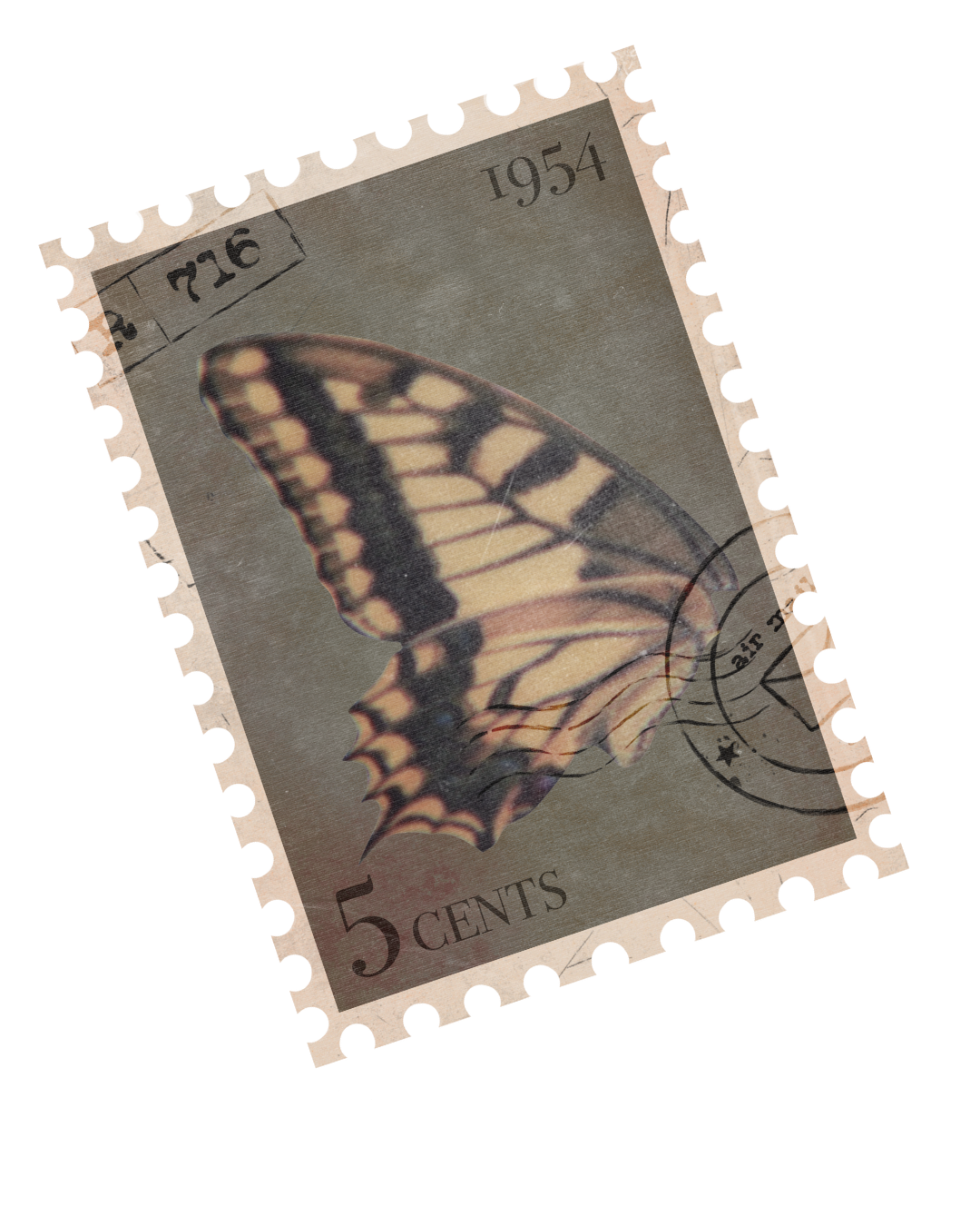 Three vintage postage stamps showing a swallowtail butterfly design in beige and brown tones against a gray background.