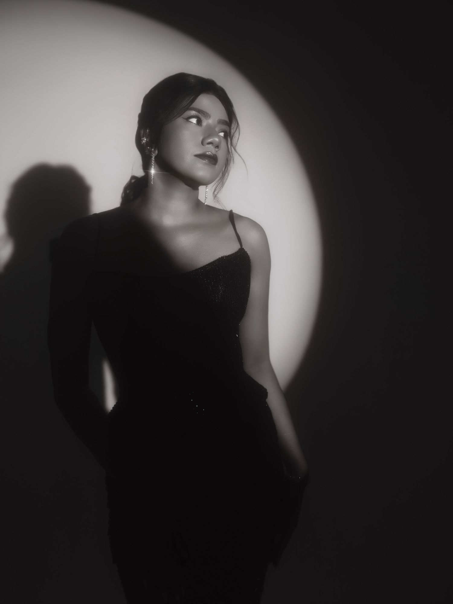 Black and white portrait of a woman in elegant black dress posed dramatically under spotlight with shadow on wall.