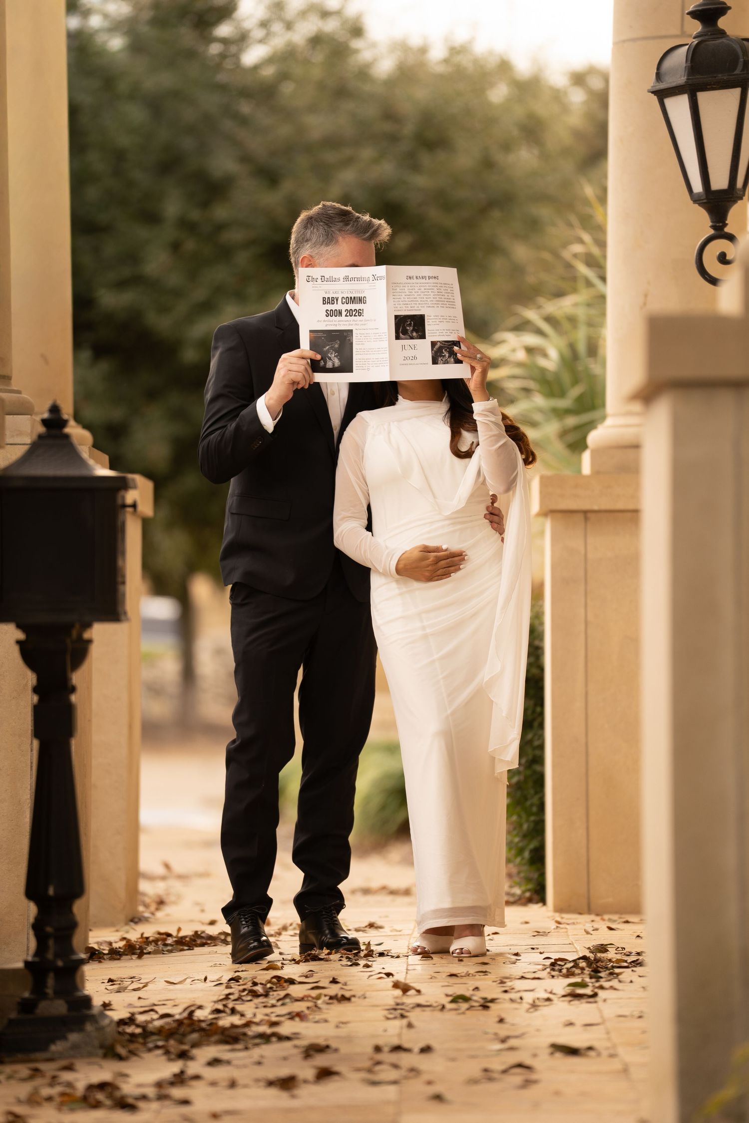 Series of photos showing couple holding up pregnancy announcement signs in a romantic outdoor setting.