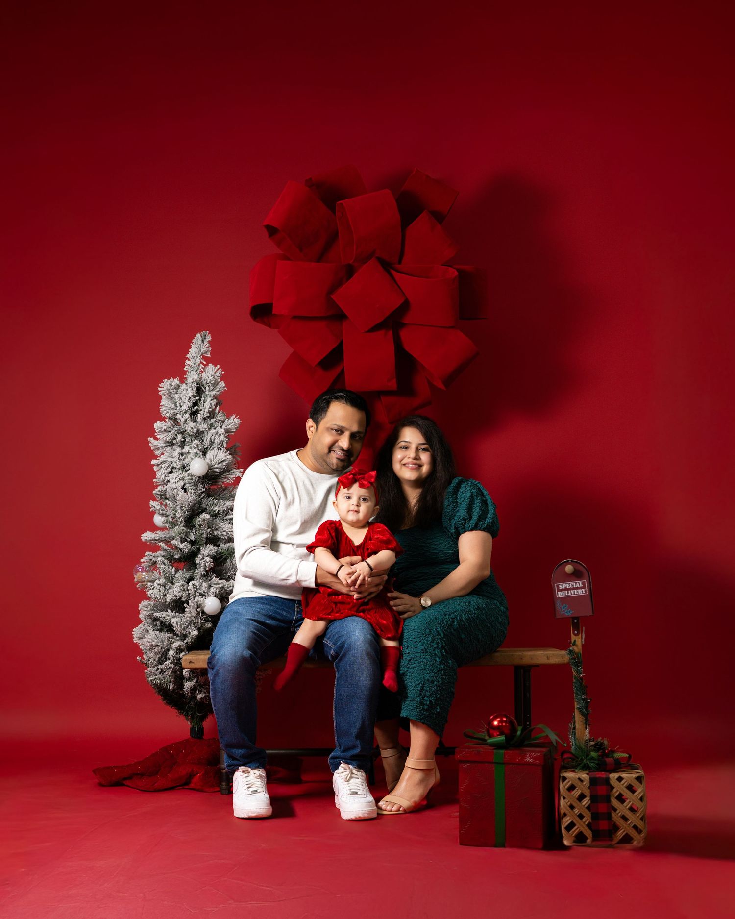 Family poses together in front of a silver Christmas tree against a red backdrop with wrapped presents.