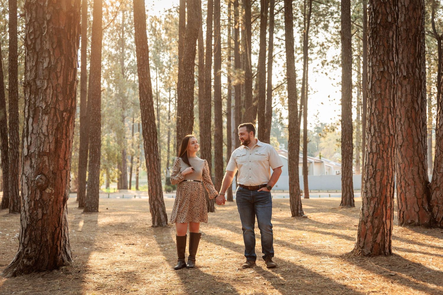 A couple walks together through a sunlit pine forest during golden hour.