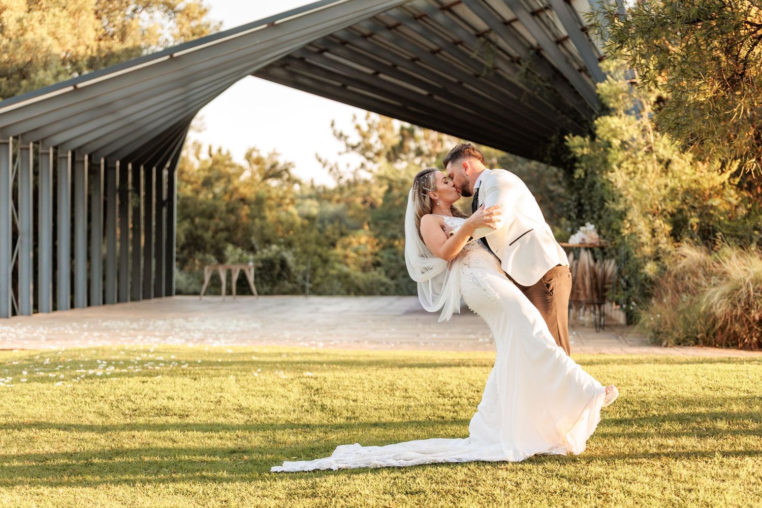 A collection of romantic wedding photos captured in a golden field during sunset with soft natural lighting.