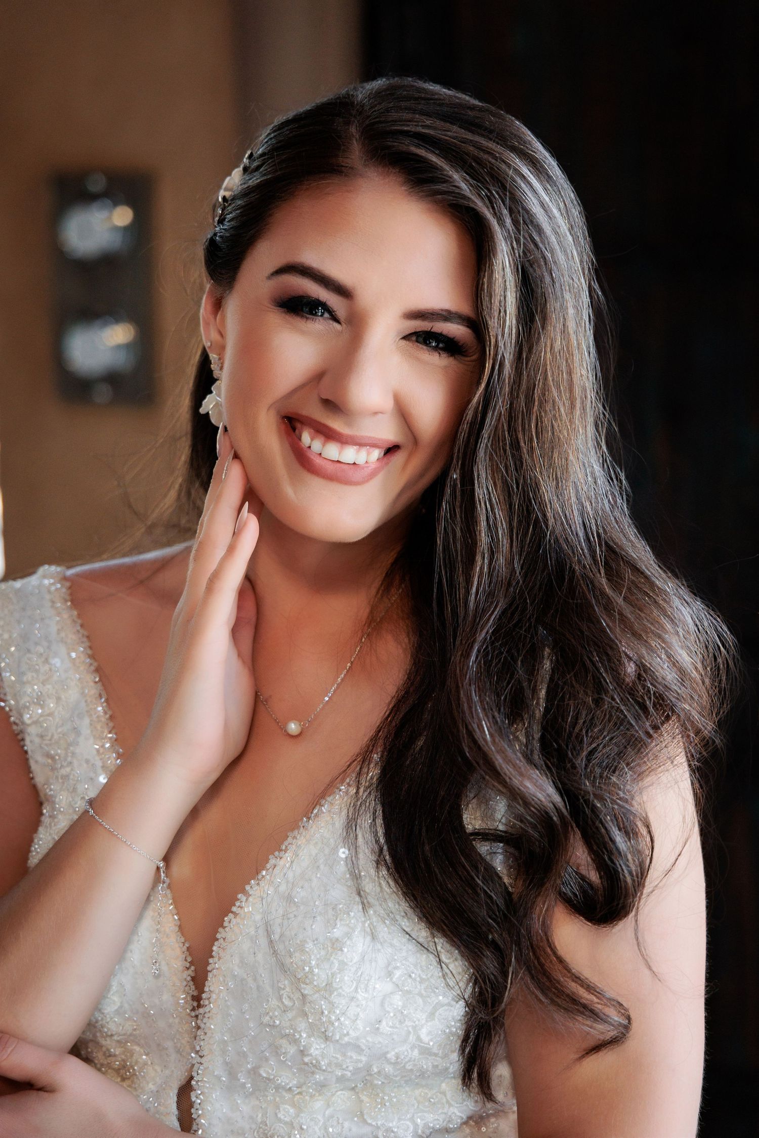 Close-up portrait shots showing sparkly wedding dress details.