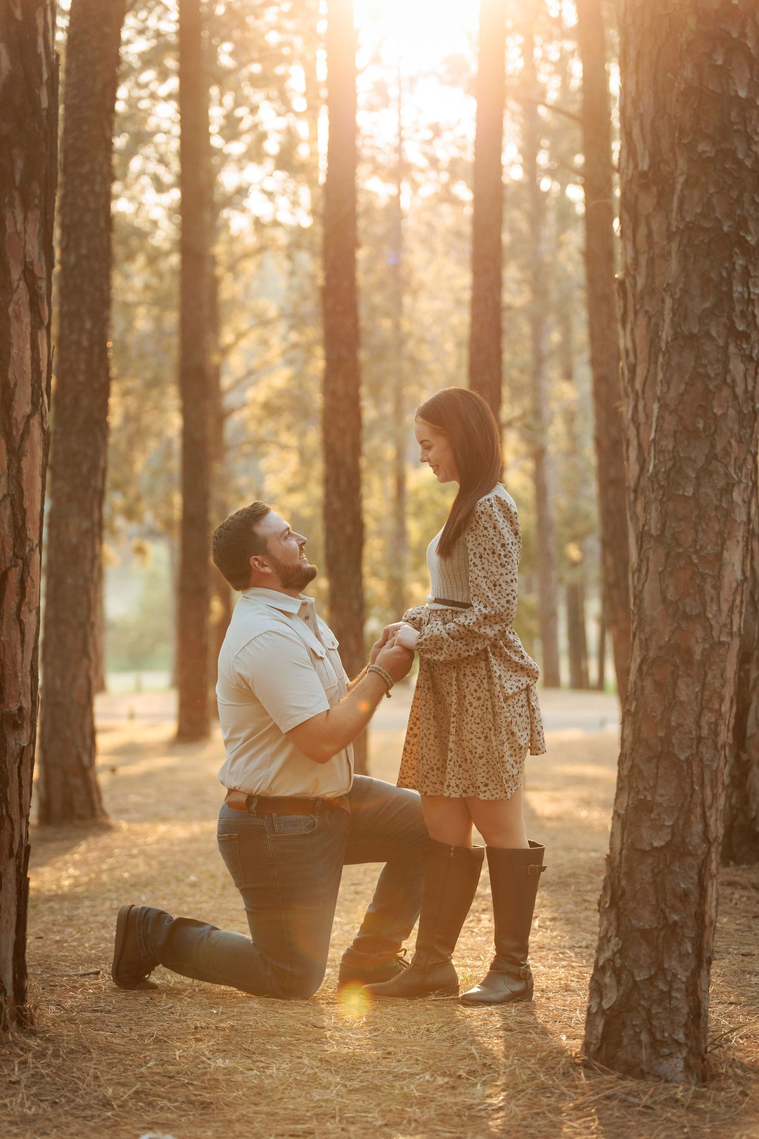 Couple sitting together in a pine forest at sunset with golden sunlight filtering through the trees.