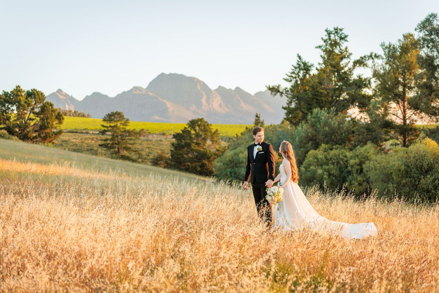Bride and groom walking hand in hand through golden wheat fields with stunning mountain backdrop on their wedding day.
