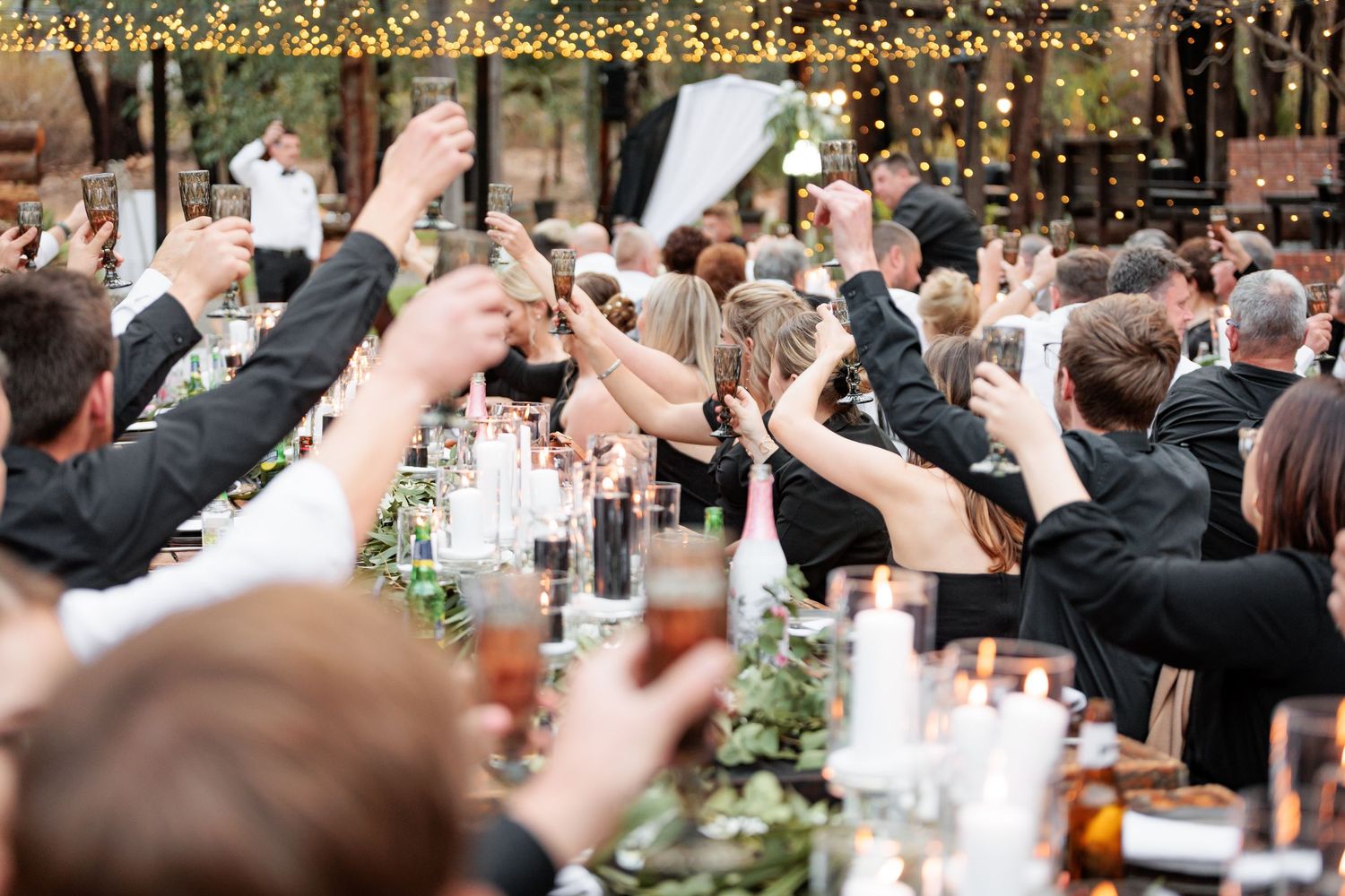 Guests raising glasses in a toast at an elegant outdoor wedding reception with string lights and lush greenery.