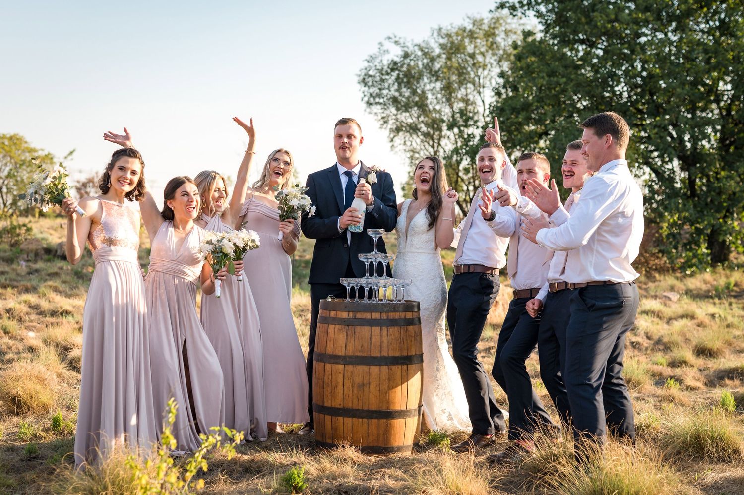 Wedding celebration with bridal party in pink dresses against natural outdoor backdrop.
