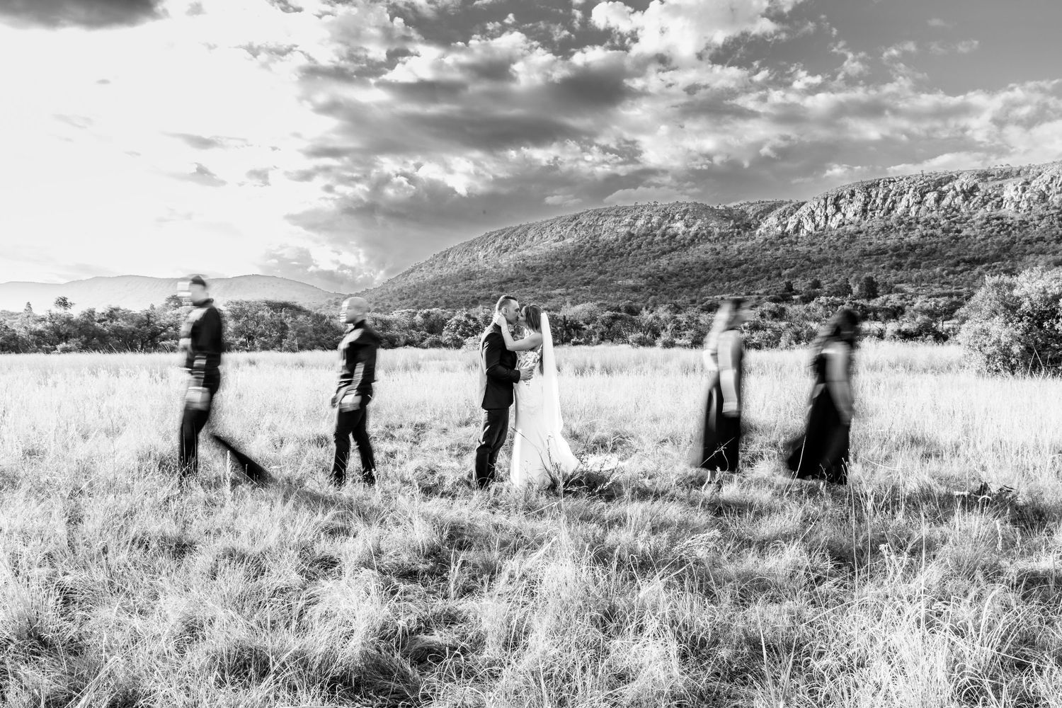 Black and white panoramic wedding party photo taken in a grassy field with mountains in the background.