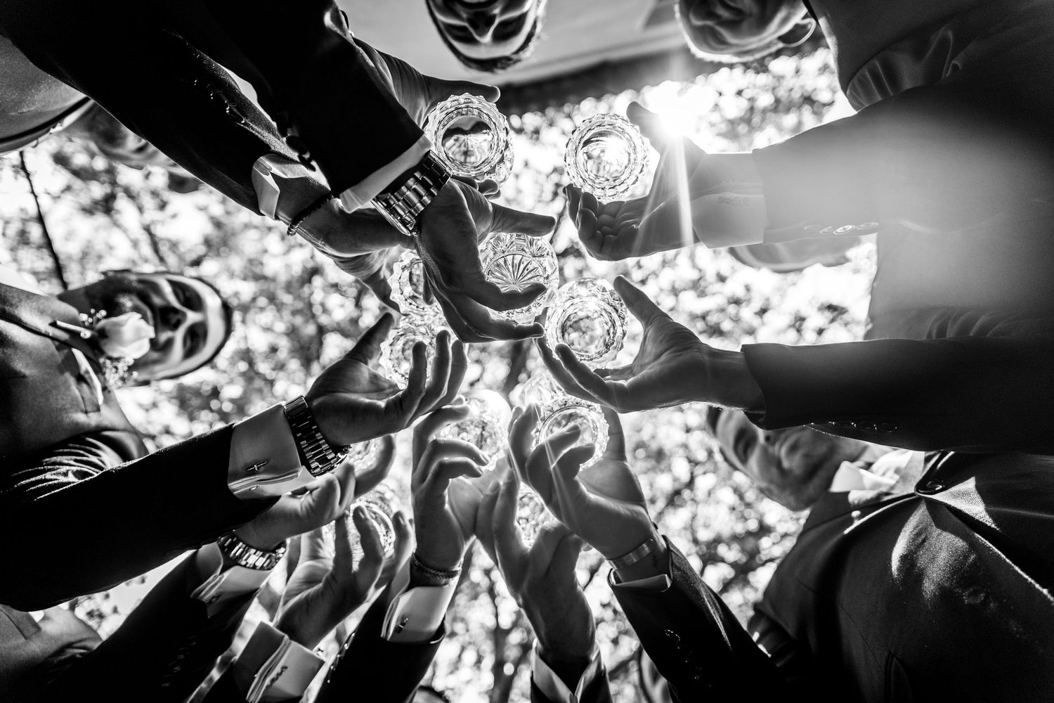 Black and white photo of a group toasting with glasses raised together, viewed from below against a bright sky.