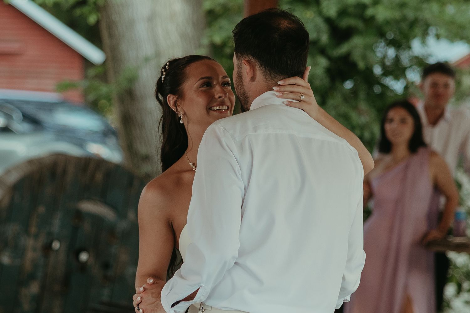 Wedding party celebrates during outdoor reception near red barn.