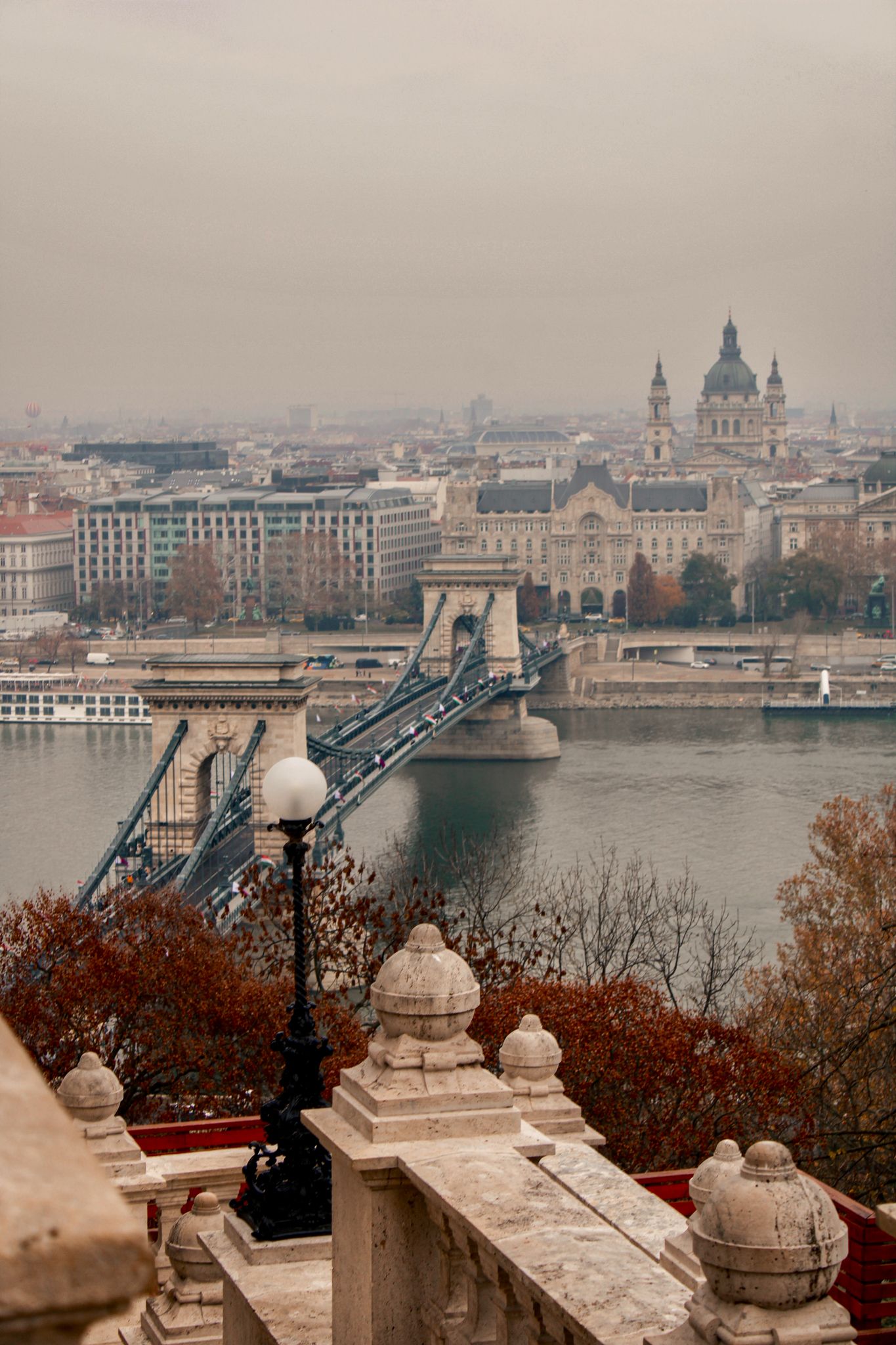 Elevated view of the Danube River, bridge and Budapest cityscape