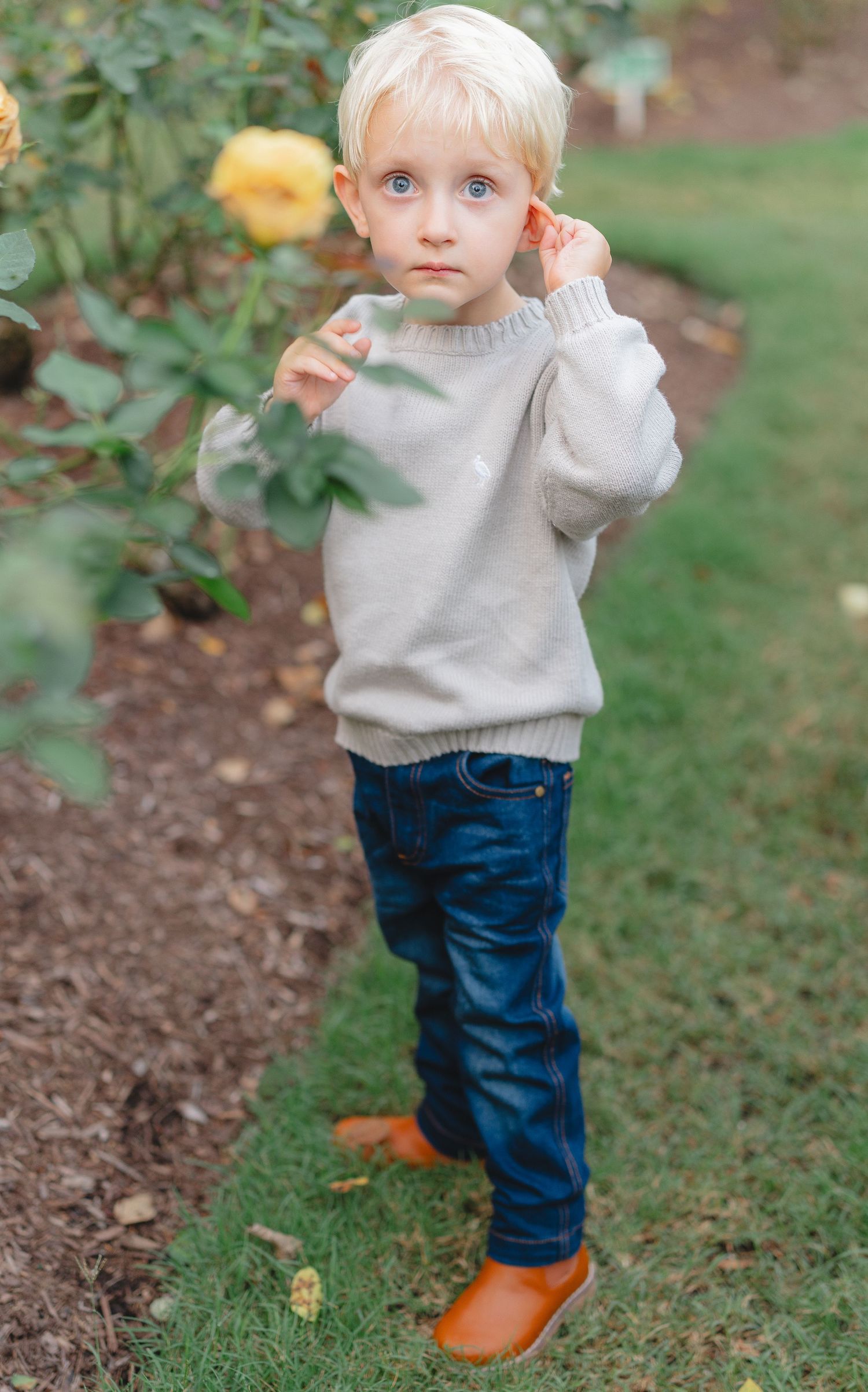 Small child in gray sweater and jeans plays outdoors in autumn garden setting.