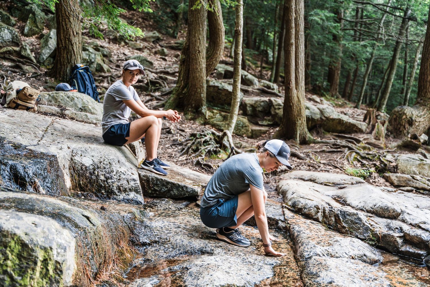 Hikers navigate a steep rocky trail through a lush forest with tall trees and mossy boulders in the background.