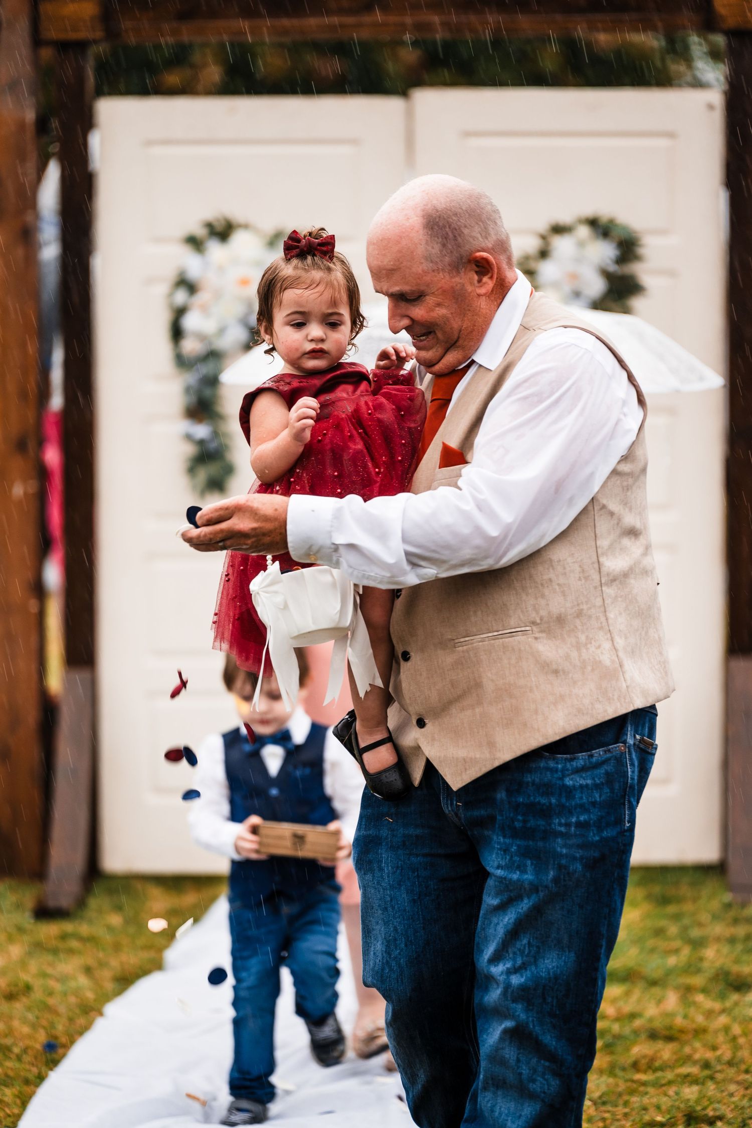 Series of candid moments at an outdoor wedding showing playful interactions in casual attire.