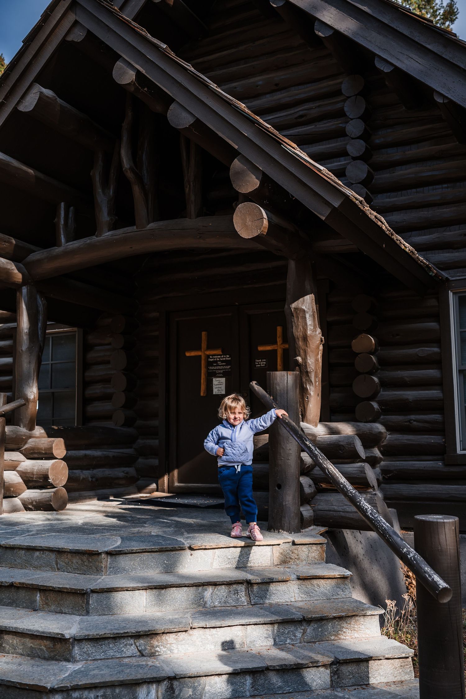 Historic rustic log cabin with wooden steps and overhanging roof in mountain wilderness setting.