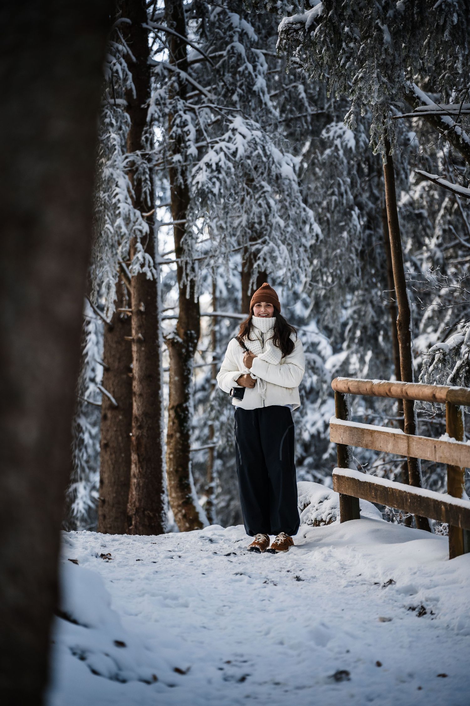 A snowy winter forest scene with a wooden railing and snow-covered evergreen trees in the background.