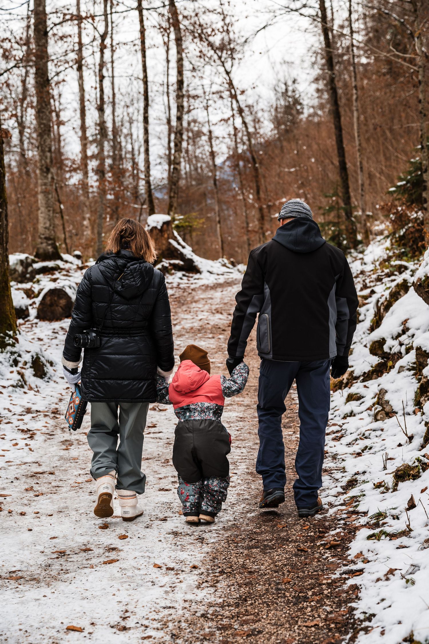Group walking together on snowy forest trail with bare winter trees in background.