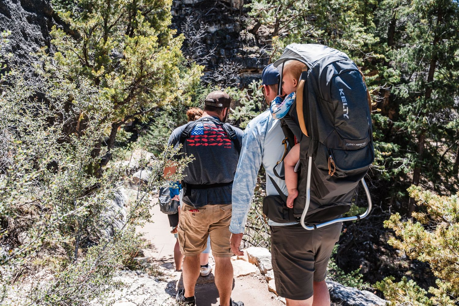 Two hikers with large backpacks trek along a narrow mountain trail surrounded by pine trees.