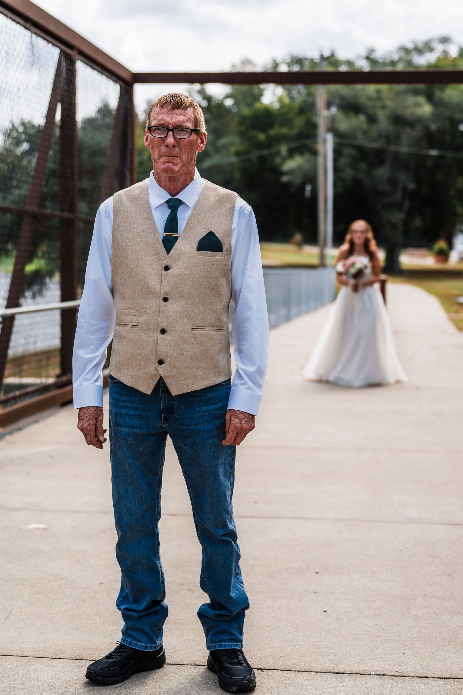 A series of wedding photos showing someone in a tan vest and jeans standing on a concrete walkway.