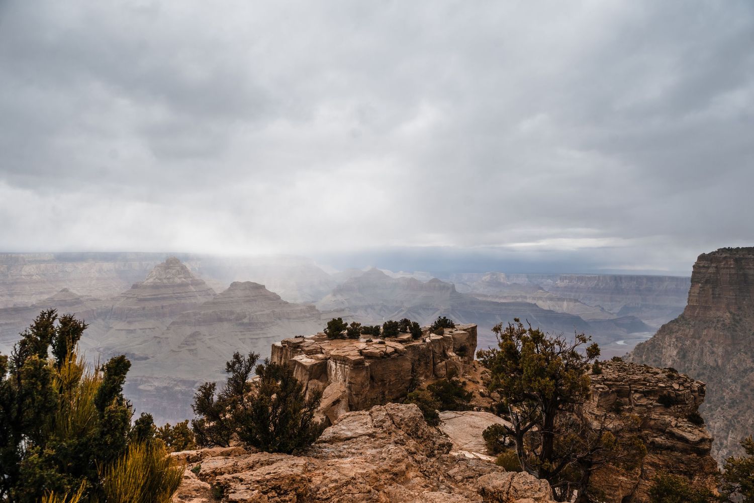 Rocky viewpoint overlooking the vast Grand Canyon with juniper trees and dramatic storm clouds overhead.
