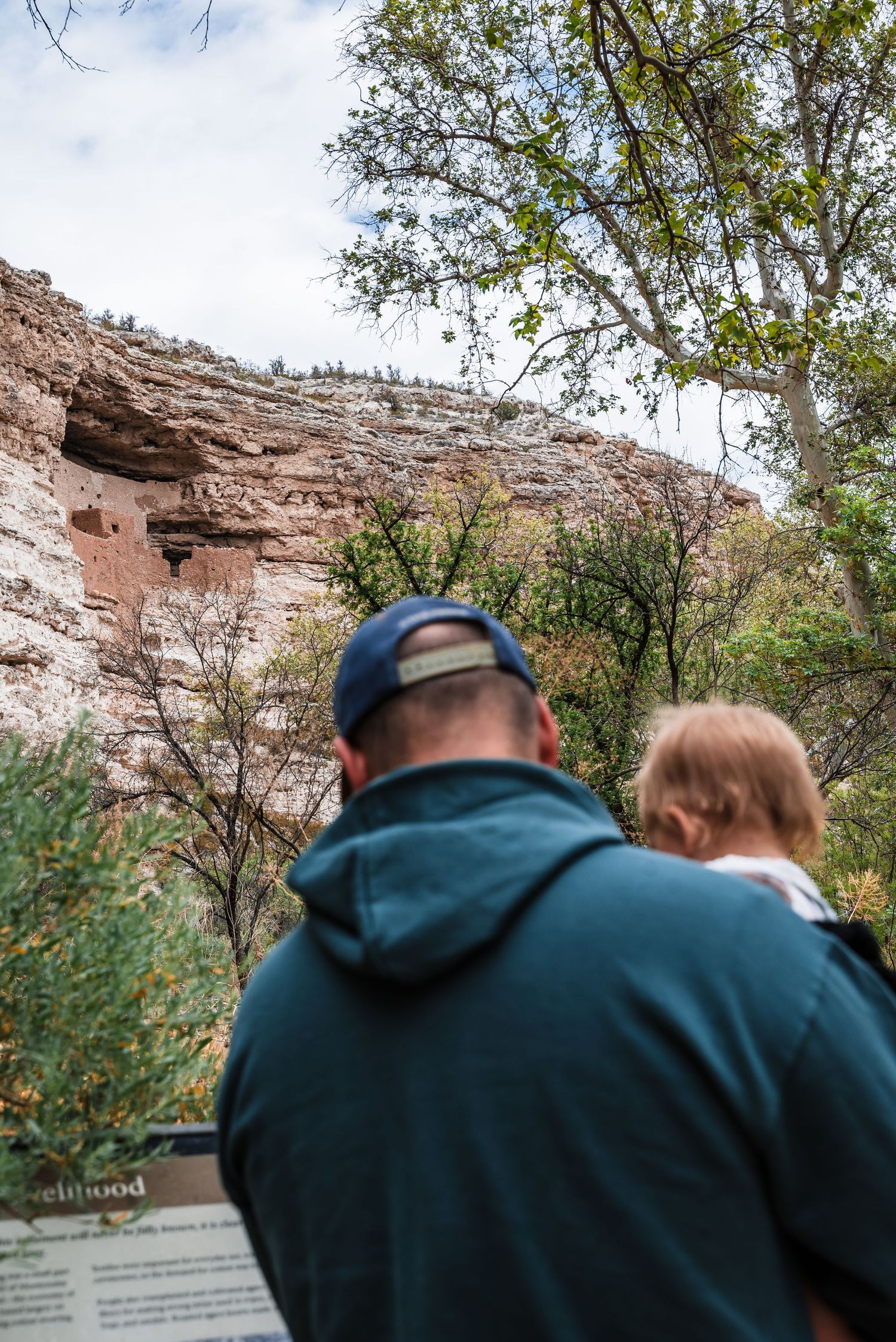 Visitors view an informational sign near a rocky cliff face with desert vegetation at a national monument.