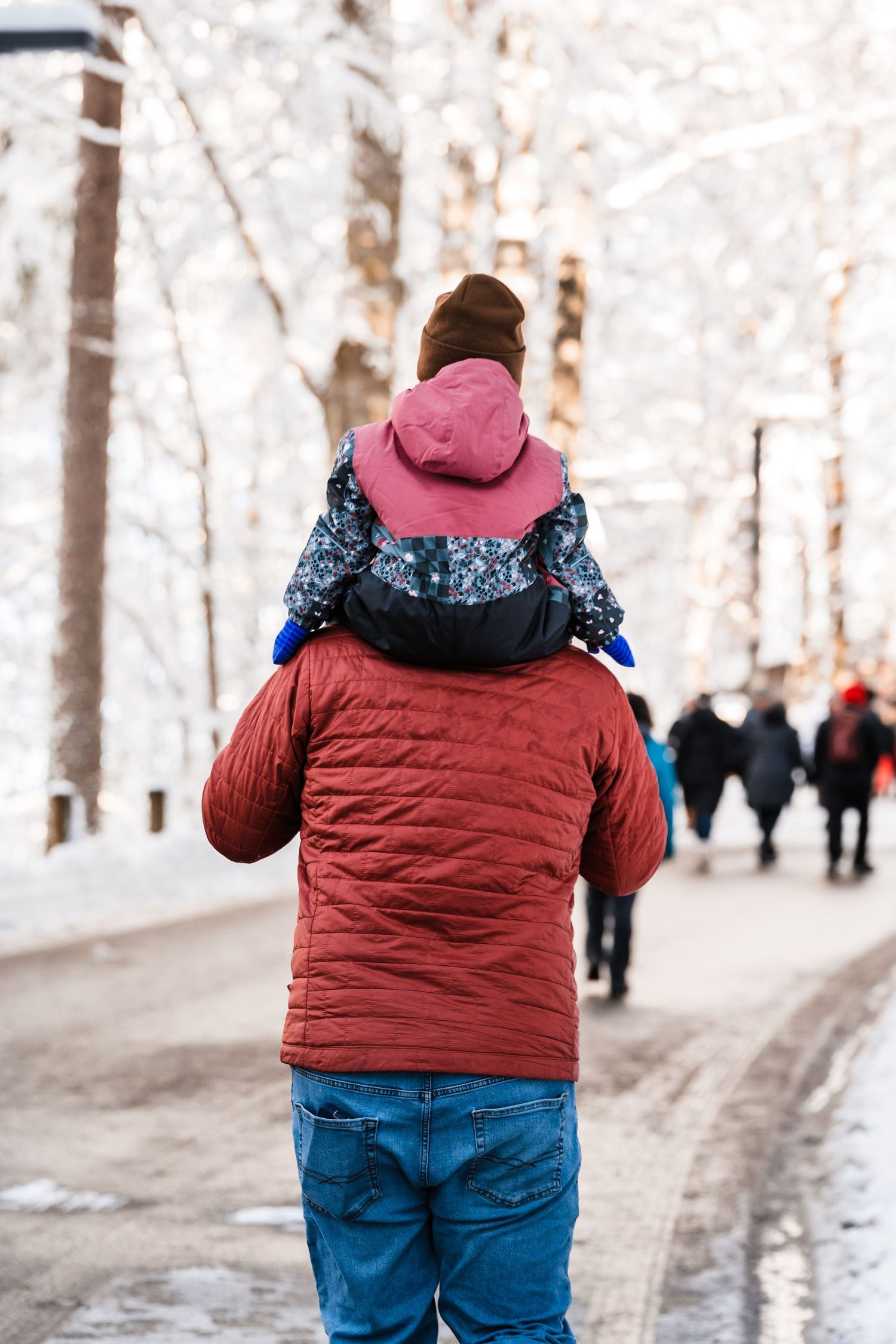Person in red winter coat and blue jeans walking on a snowy path through a winter forest.
